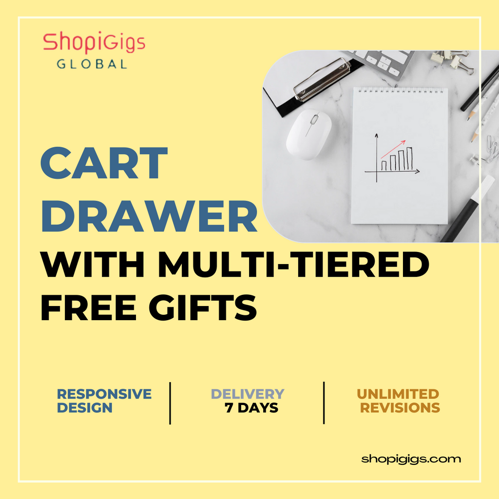 Modern Shopify Cart Drawer with Multi Tiered Free Gift Feature.   Allow and encourage customer to buy more and get free gifts.  Color, Text and design modification ✓ Unlimited Revisions within 3 working days ✓ 100% Responsive designs on all modern screens